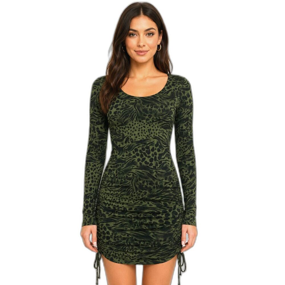 Topshop US 8 Olive Green Animal Print Ruched Bodycon Mini Dress Long Sleeve